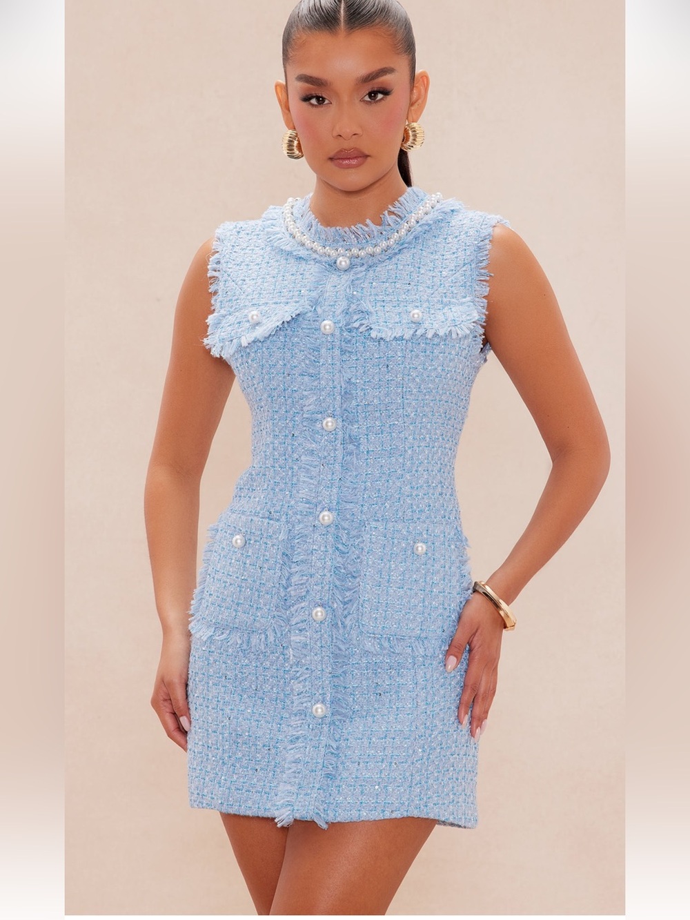 Fashion Nova Blue Tweed Pearl-Trimmed Sleeveless Dress